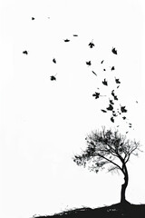 Wall Mural - A black and white sketch of a tree with birds perched on its branches