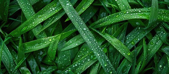 Aufkleber - Close up image of fresh vibrant green grass with dew drops providing copy space Lush green foliage with raindrops in rainy weather creating a textured background