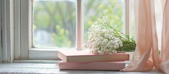 Poster - Copy space image featuring a lovely bouquet and a pink diary placed on the windowsill