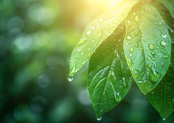 Wall Mural - green leaf with water drops close up. abstract nature background, green banner. eco concept