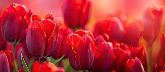 Fototapete - Macro shot of vibrant red tulips ideal for a holiday card or background with ample copy space image for text overlay