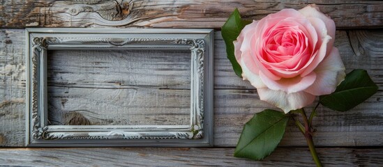 Poster - Pink rose beside a blank photo frame on a wooden background including copy space image