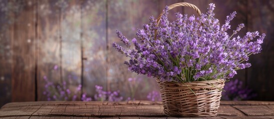 Poster - A rustic bouquet of lavender arranged in a basket on a wooden table offers a romantic ambiance with a rustic touch ideal for a copy space image