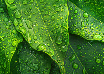 Wall Mural - green leaf with water drops close up. abstract nature background, green banner. eco concept
