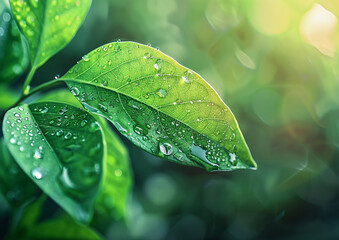 Wall Mural - green leaf with water drops close up. abstract nature background, green banner. eco concept