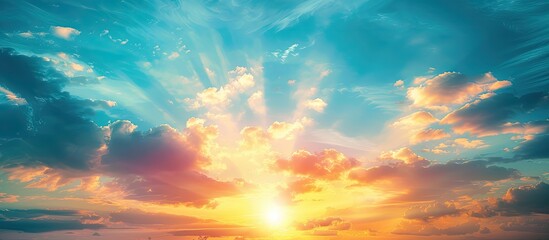Poster - Apicture depicting a stunning sunset landscape the sky is a vibrant mix of bright blue and radiant yellow orange sunlight creating a nature inspired background with a texture suitable for design like