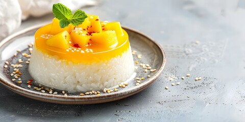 Wall Mural - Thmango sticky rice dessert with coconut milk sesame seeds on Thceramic plate. Concept Thai mango sticky rice dessert recipe, with coconut milk and sesame seeds, served on a ceramic plate