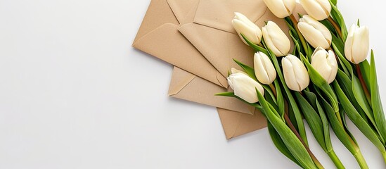 Fototapete - Wedding invitation cards or love letters arranged with white tulips on a white background creating a romantic or holiday themed copy space image