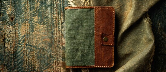 Fototapete - Top view of a green linen fabric wallet with brown real leather on a copy space image