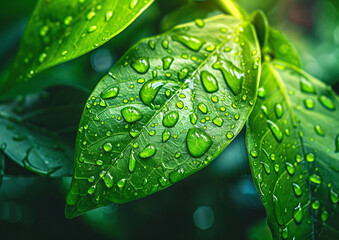 Wall Mural - green leaf with water drops close up. abstract nature background, green banner. eco concept