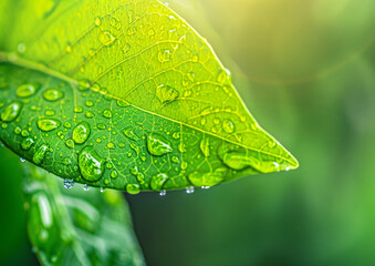 Wall Mural - green leaf with water drops close up. abstract nature background, green banner. eco concept