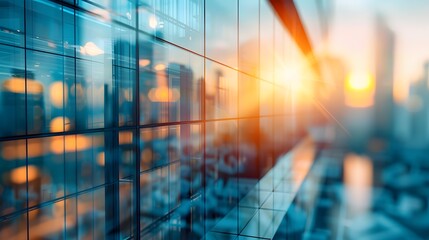 Wall Mural - blurred glass wall with modern office building background banner, blurred cityscape and sunlight in 