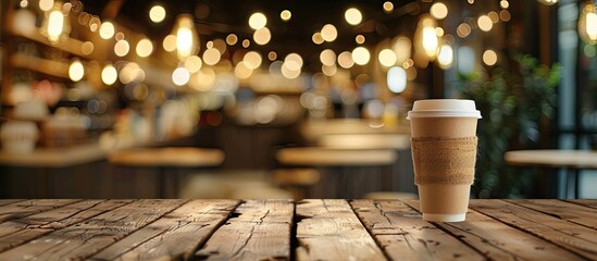 Aufkleber - Perfect for showcasing your products this image features a focused empty wooden table with a blurred coffee shop background ideal for using as a copy space image