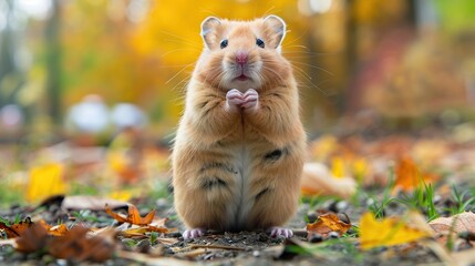 Wall Mural - Cute Hamster in Autumn Leaves