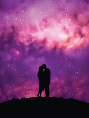 Sticker - Lovers embrace on top of mountain. Romantic night sky with pink nebula