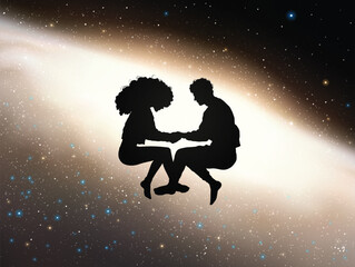 Sticker - couple of lovers hold hands. couple silhouette. spiral galaxy in space