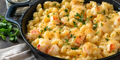 Wall Mural - Overhead shot of lobster mac and cheese in skillet with fresh herbs. Concept Lobster Mac and Cheese, Skillet Cooking, Fresh Herbs, Food Photography, Gourmet Cuisine