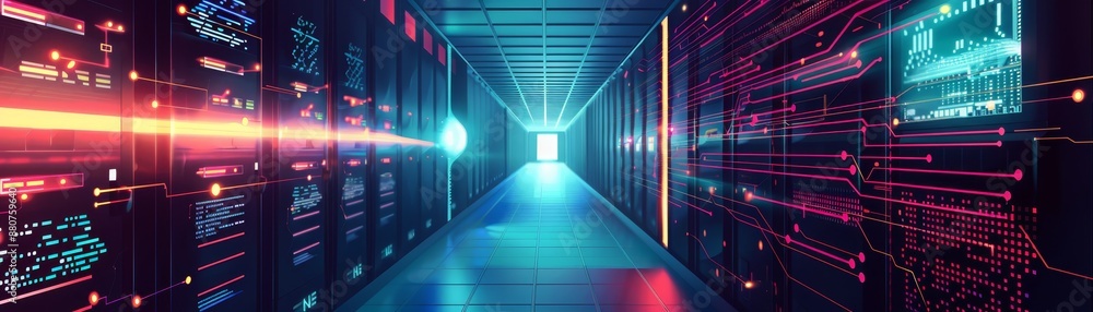 Futuristic data center with glowing servers and digital interfaces ...