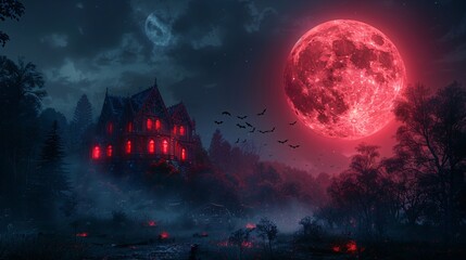 spooky castle on a hill with a full moon and bats flying overhead
