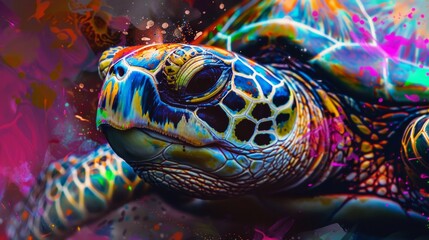 Wall Mural - Sea Turtle's Close-up in a Psychedelic Splash