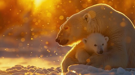 Poster - Polar Bear Mother and Cub Embrace in Golden Sunset