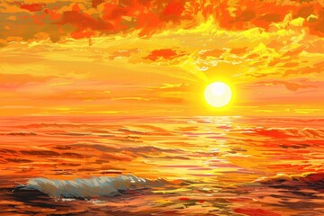 Wall Mural - Yellow Sunset Over the Ocean with Pink Horizon. Beautiful Sky and Water Scene