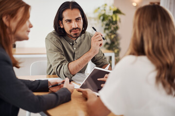 Aufkleber - Business, employees and tablet at office with client on meeting with online research for creative ideas. People, teamwork and collaboration for project or task as graphic designer in boardroom