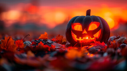 Wall Mural - Glowing Halloween pumpkin. Back light, sunset time. Blurred background. Party card. Copy space