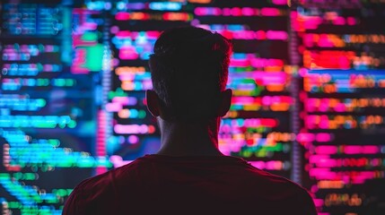 Silhouette of Coding and Software Development in Vibrant Abstract Digital Art