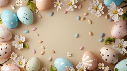 Sticker - Easter themed round frame with colorful eggs and flowers on beige backdrop Festive design