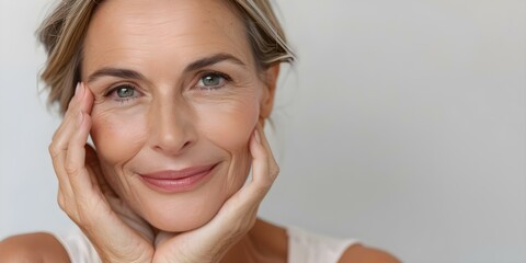 Wall Mural - Close-up Portrait of a Mature Woman Highlighting Healthy Skin and Beauty. Concept Beauty shoot, Skincare focus, Mature model, Close-up composition, Healthy aging,