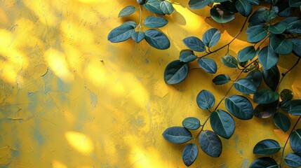 Wall Mural - Green Leaves on Yellow Wall