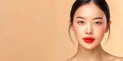 Wall Mural - Korean model showcasing dewy skin and vibrant lip tint on beige background. Concept Beauty Photoshoot, Dewy Skin, Vibrant Lip Tint, Korean Model, Beige Background