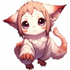 Sticker - AI generated illustration of a cute whimsical fantasy creature with wide, glow eyes and pink fur