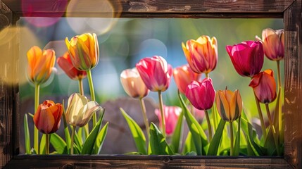 Canvas Print - Vibrant tulips in wooden frame under spring sunlight Background of spring