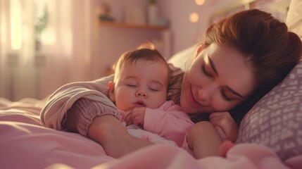 A beautiful young mother holds a cute little baby in her arms.