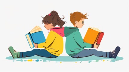 Wall Mural - A brother and sister read comic books together, sitting back to back. vector graphics