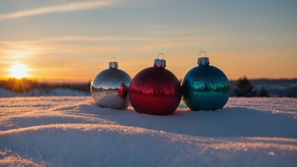 Wall Mural - Christmas balls in the snow, sunset in the background, concept of Christmas, holiday, merry Christmas.