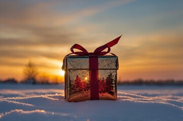 Christmas gift in the snow, sunset in the background, concept of Christmas, holiday, festivities.