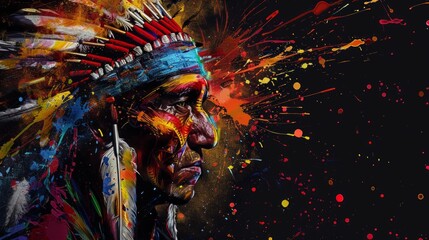 Wall Mural - Native American in a Headress with Colorful Splashes