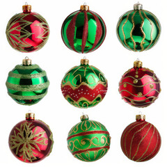 A collection of shiny green and red Christmas ornaments with festive designs, isolated on white background.