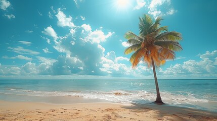 An abstract background with a palm tree on a tropical beach with a blue sky and white clouds.