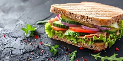 Wall Mural - Recreating a Big Sandwich with Fresh Vegetables for a Tasty Meal. Concept Food Photography, Fresh Ingredients, Delicious Recipes, Healthy Eating, Cooking Inspiration