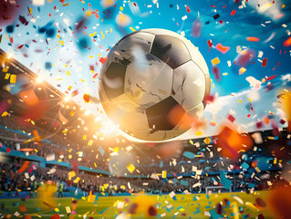 Sticker - Amazing Soccer Ball Flies Into The Stadium During A Match Under The Bright Sunlight And Colorful Confetti