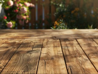 Wall Mural - A wooden table with a beautiful floral arrangement in the background