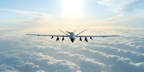 MQ9 Reaper drone slicing through clouds showcasing military technology prowess. Concept Military Technology, Drone Technology, Aerial Combat, Unmanned Aircraft, Cloud-Slicing