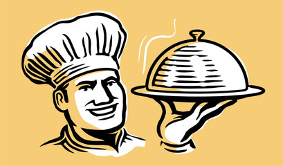 Sticker - Chef with tray. Male cook and cloche. Vector illustration for restaurant or cafe menu