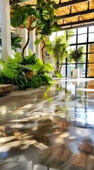 Poster - Lush Tropical Greenhouse Interior with Reflective Tile Flooring and Natural Lighting