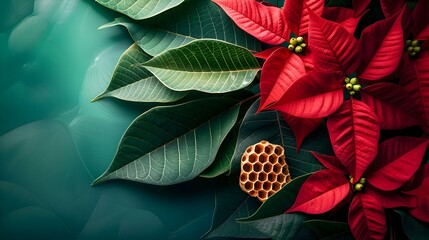 Sticker - Poinsettia Leaves Framing Honeycomb Nest in Natural Botanical Scene