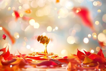 Poster - Honey Flowing Over a Bed of Poinsettia Petals on Blurred Background